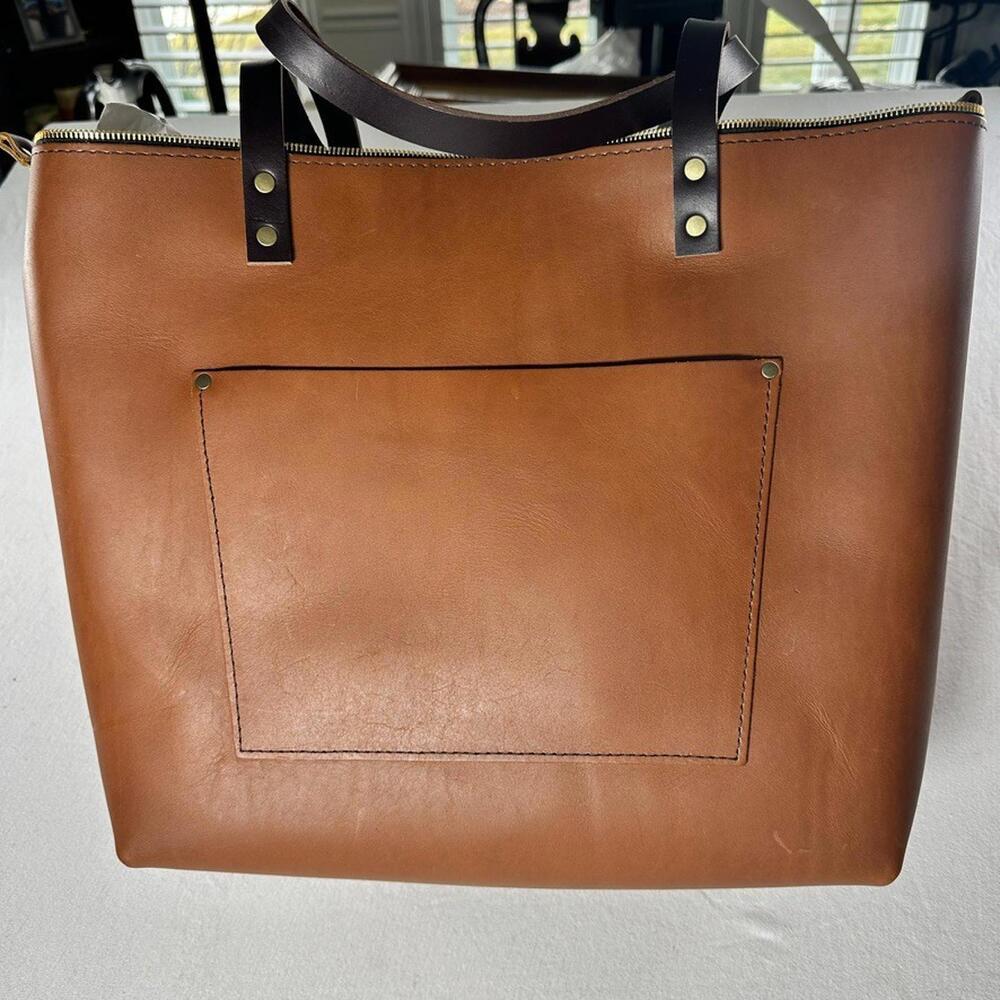 Classic Brown Leather Tote Bag with Front Pocket